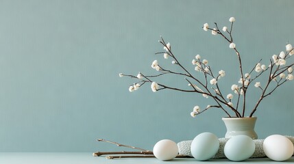 Wall Mural -   A vase with white and blue eggs, a twig branch, and three eggs on a table