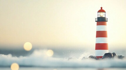 Wall Mural -   Red and white lighthouse atop rocky cliff beside shimmering ocean waves