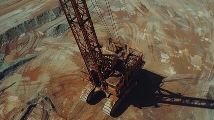 Aufkleber - A large piece of machinery stands in a mining area, surrounded by uneven ground and visible dirt displacement, indicating ongoing excavation activity under bright daylight.