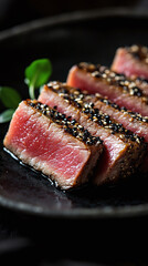 Wall Mural - Seared tuna steak encrusted with black and white sesame seeds, sliced to reveal perfect pink center, served with soy-ginger glaze on textured black ceramic plate.