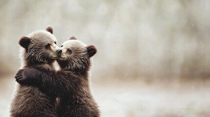 Wall Mural -   A pair of brown bears stand together on a dense green forest filled with numerous trees