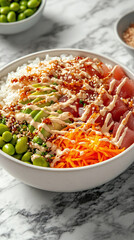 Wall Mural - Vibrant poke bowl featuring cubed tuna, avocado, edamame and shredded carrots arranged over sushi rice and topped with sesame seeds and drizzle of spicy mayo.