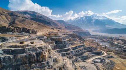 Aufkleber - Heavy machinery works in a vast mining area surrounded by rugged mountains and a clear blue sky, showcasing the scale and nature of the excavation process.