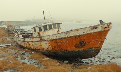 Naklejka na meble An abandoned, rusted boat rests on a foggy shoreline, surrounded by grass and water.