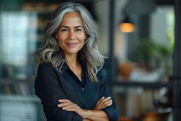 Wall Mural - Confident mature woman with gray hair, arms crossed, smiling, professional headshot.