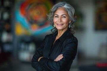 Wall Mural - Confident mature woman with gray hair and a pleasant smile, arms crossed.