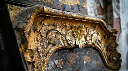 Ornately carved and gilded wooden frame shows signs of decay