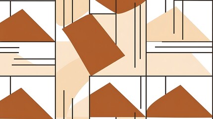 Wall Mural - Geometric Abstract Terracotta and Beige: A modern, minimalist design featuring a seamless pattern of terracotta triangles, beige circles, and rectangles, set against a backdrop of thin black lines.