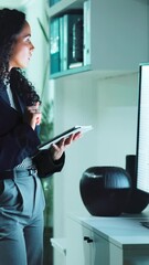 Leinwandbilder - Tablet, research and planning with business woman in office for project, wireframing layout or product designer. Report update, client feedback and reading with person in agency at night for deadline
