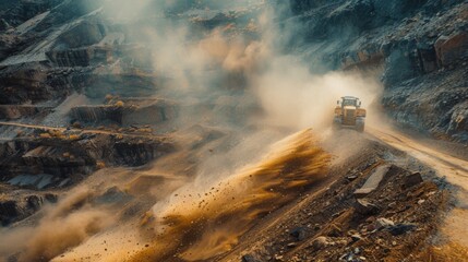 Aufkleber - Dust rises as a large truck navigates a rugged quarry during sunset, highlighting the busy extraction process in the mining industry with vivid colors and textures.