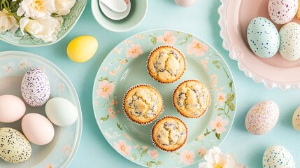 Wall Mural - A pastel Easter-themed breakfast table with lemon poppy seed muffins on floral plates, surrounded by decorated Easter eggs