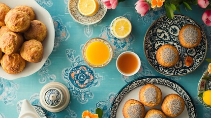 Wall Mural - A Moroccan-themed Easter feast featuring lemon poppy seed muffins, orange blossom-infused syrup, and patterned ceramics