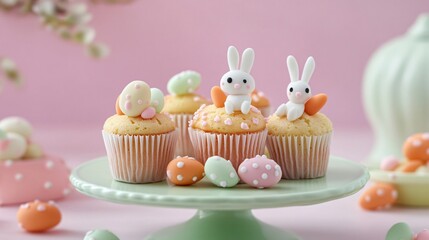 Wall Mural - A whimsical Easter-themed muffin display with tiny fondant carrots and bunny-shaped sugar decorations