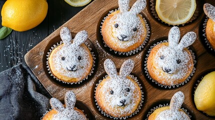 Wall Mural - Bunny-shaped lemon poppy seed muffins arranged on a wooden tray, dusted with powdered sugar