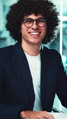Aufkleber - Businessman, smile or face with laptop in office for stocks research, NFT account review and reading market trends. Night trader, person and happy for crypto investment and planning trading schedule