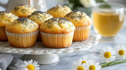 Wall Mural - Lemon poppy seed muffins displayed on a fine china dessert platter, with a cup of chamomile tea on the side