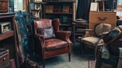 A room is filled with antique furniture and collectable items