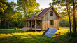 © Alla - Small off-grid cabin in the forest with solar panels, surrounded by lush greenery, emphasizing energy independence and nature