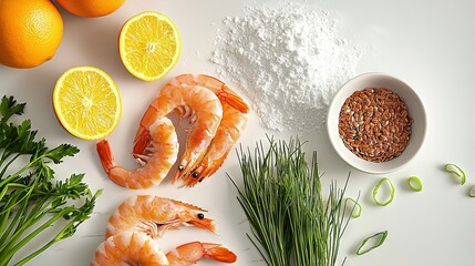 Wall Mural -   Shrimp, lemon wedges, chopped parsley, minced garlic, and seasonings spread across a white surface beside a lemon-filled bowl of salt