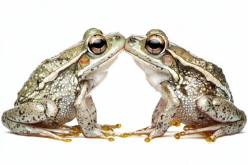 Pair of brown frogs touching noses on a white background