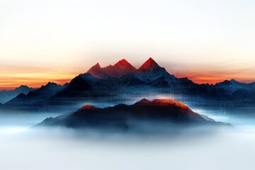 Wall Mural - Majestic mountain range under a vibrant sunset with mist swirling around the peaks