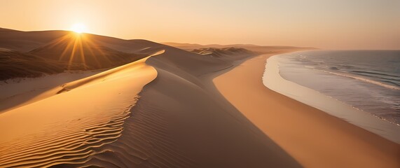 Wall Mural - Fabulous Image of a Serene Beach at Sunrise The Soft Sand Dunes Bathed in Golden Light and the Gentle Waves Caressing the Shore