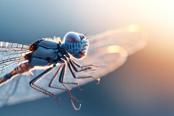 Wall Mural - Close-up of a dragonfly perched on a twig at sunset showcasing intricate wing details and vibrant colors