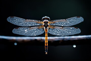 Poster - Dragonfly perched on a branch adorned with droplets in a serene environment during the early morning light