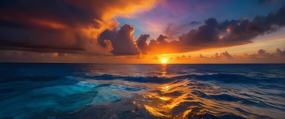 Wall Mural - Explosive Colors of a Tropical Sunset Over the Ocean The Sky a Tapestry of Magentas and Golds Blending Softly Into the Deep Blue Sea