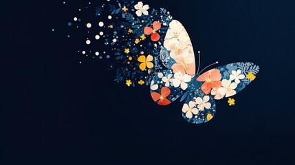 Wall Mural -   A butterfly soars effortlessly through the air, its delicate wings adorned with vibrant blooms A cascade of iridescent bubbles trails behind, shimmering