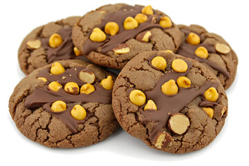 Wall Mural - A delectable pile of chocolate cookies adorned with melted chocolate and scattered butterscotch chips on a clean white background.