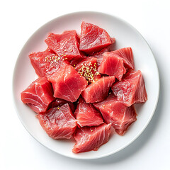 Wall Mural - Diced raw tuna, bright red, served in a white bowl with a sprinkling of toasted sesame seeds.