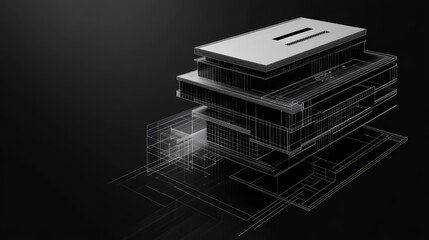 Abstract architectural design showcasing layered building structure with wireframe details against dark background