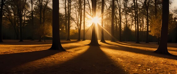 Wall Mural - Enchanting Depiction of a Golden Sunset through the Trees The Light Filtering Softly to Create Patterns of Shadow and Affection on the Ground