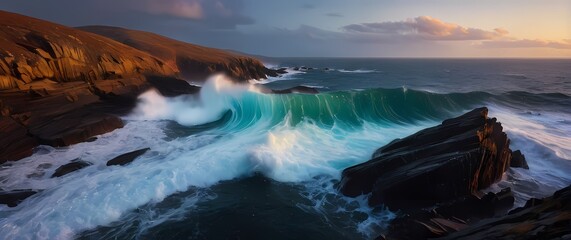 Wall Mural - Dynamic view of tranquil waves crashing against rocky shores showcasing the thrilling power of nature in vivid saturated colors