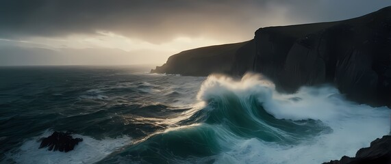 Wall Mural - Dynamic view of rushing waves against rocky cliffs showcasing natures raw power while capturing the beauty of the coastline