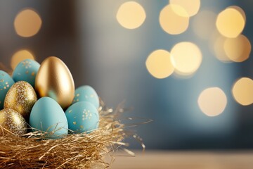 Wall Mural - Colorful Easter eggs arranged in a decorative nest with sparkling lights in the background