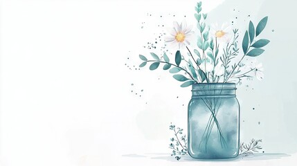 Wall Mural -   Blue mason jar with flowers on a white table alongside a vase containing flowers