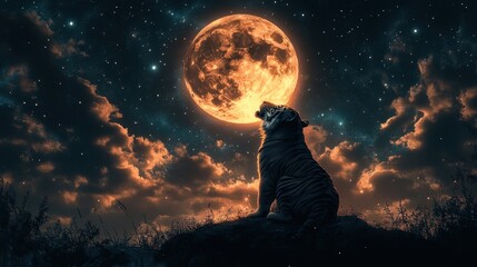 Wall Mural - majestic tiger howls at the luminous moon in a starlit night sky above a tranquil landscape