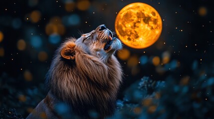 Wall Mural - majestic lion serenades the moonlight in a mystical night landscape