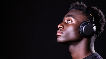 Young man wearing headphones, gazing upwards with a focused expression against a dark backdrop