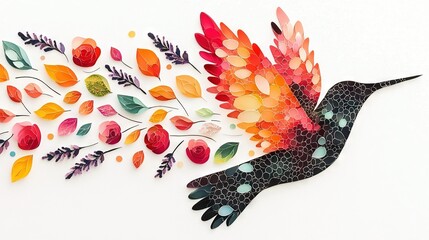 Wall Mural -   Paper Hummingbird Sculpture - Colorful Feathers, Leaves on Back, White Background