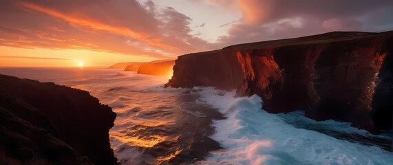 Wall Mural - Breathtaking View of a Coastal Cliff at Sunset Waves Crashing Below and the Sky in Fiery Hues Creating a Stunning Natural Canvas