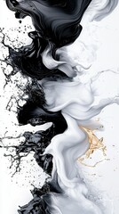 Wall Mural -   A stunning abstract painting featuring white, gold, and black elements with water splashes at the base