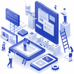 Web design 3d isometric concept․ People creating pages layouts, placing content blocks, programming and coding homepages for mobile phone.