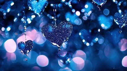 Wall Mural -   Blue hearts on string against blue background with light boke