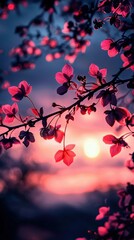 Wall Mural -   A tree branch with pink flowers in the foreground, a setting sun in the distance, and clouds in the background