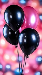 Wall Mural -   A set of black and pink balloons in front of a pink and blue backdrop with hazy circles of light