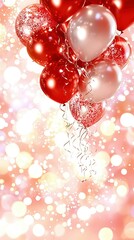 Wall Mural -   A group of red and white balloons float gracefully in the sky with a bouquet of light in the foreground