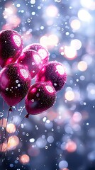 Wall Mural -   Blue and pink background with water-dropped balloons floating in air